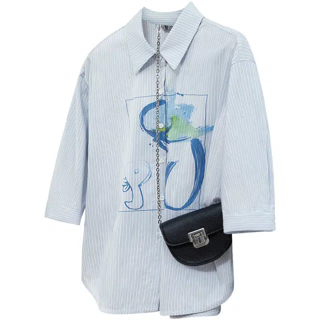 她池 潮流印花简约舒适百搭七分袖衬衫 女款 蓝色条纹