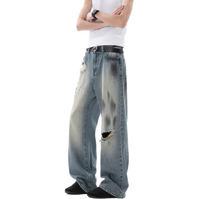 沃马 美式高复古染墨破洞拖地学院风拉链直筒宽松中腰牛仔裤 男女同款 做旧蓝