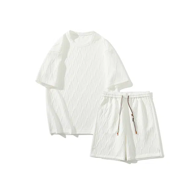 哲源 美式复古潮流百搭纯色几何条纹图案线条提花宽松大码圆领落肩套头上衣中腰直筒抽绳系带微弹短裤休闲运动套装 男女同款