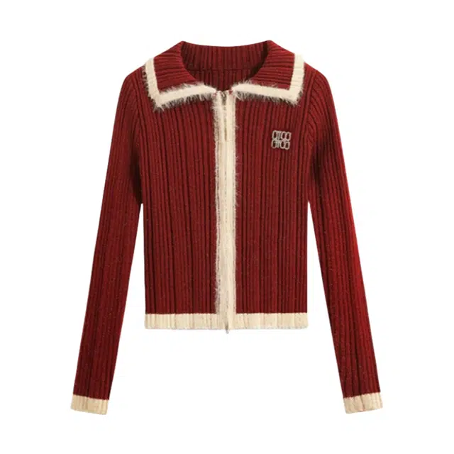 柏黛妃 拉链翻领开衫内搭打底衫修身紧身短款针织衫 女款 红色