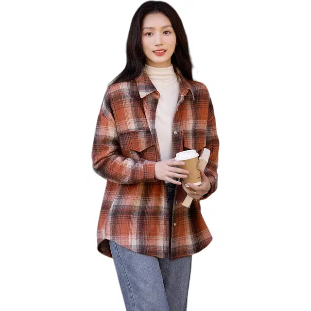 【dme】 时尚休闲格子简约复古长袖衬衫 女款 橙红