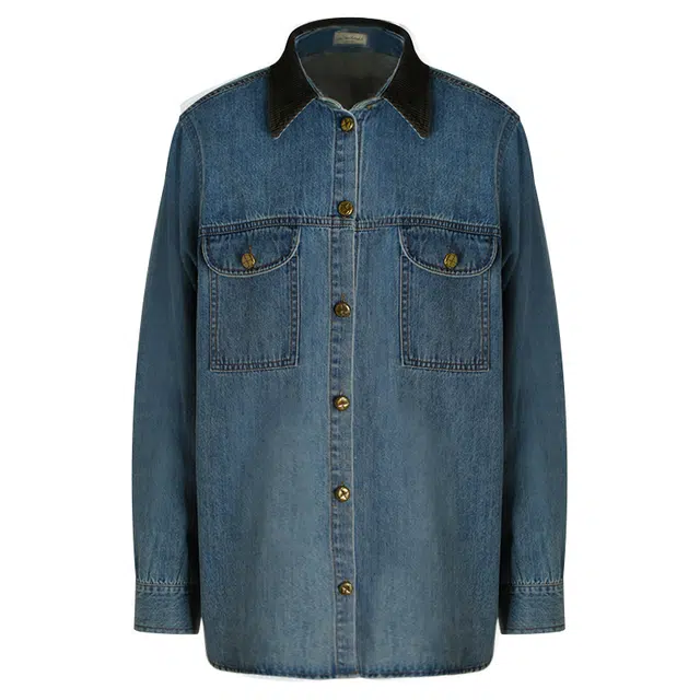 小小拉 休闲复古拼接牛仔长袖衬衫 女款 水洗蓝