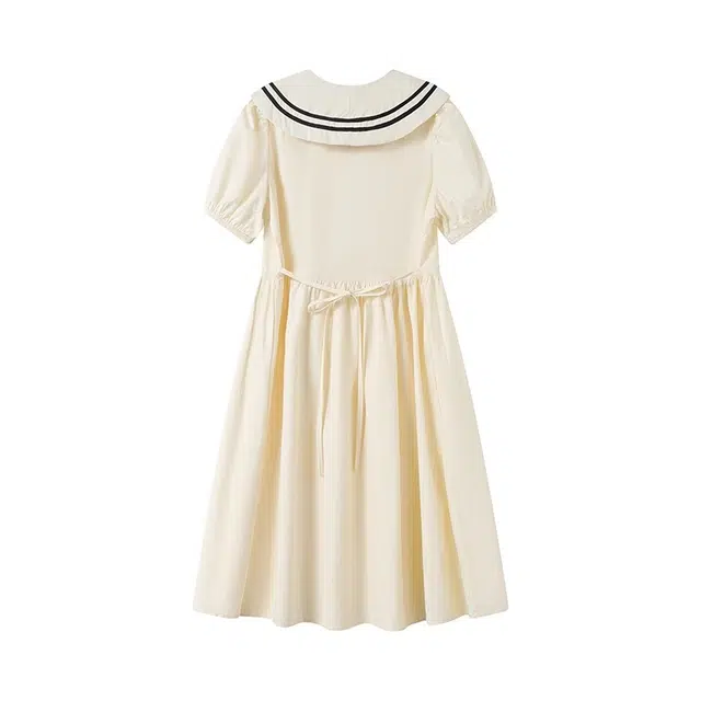 古莲菲 学院风水手服夏季海军领收腰款显瘦收腰短袖连衣裙 女款 杏色