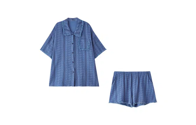 俏薇妮 简约时尚高级感家居服复古提花流苏纱布凉感薄款短袖短裤可外穿睡衣套装 女款 蓝色