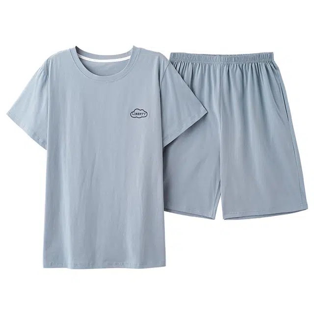 顶瓜瓜 圆领短袖纯棉简约纯色高级感两件套家居服睡衣套装 男款 图片色