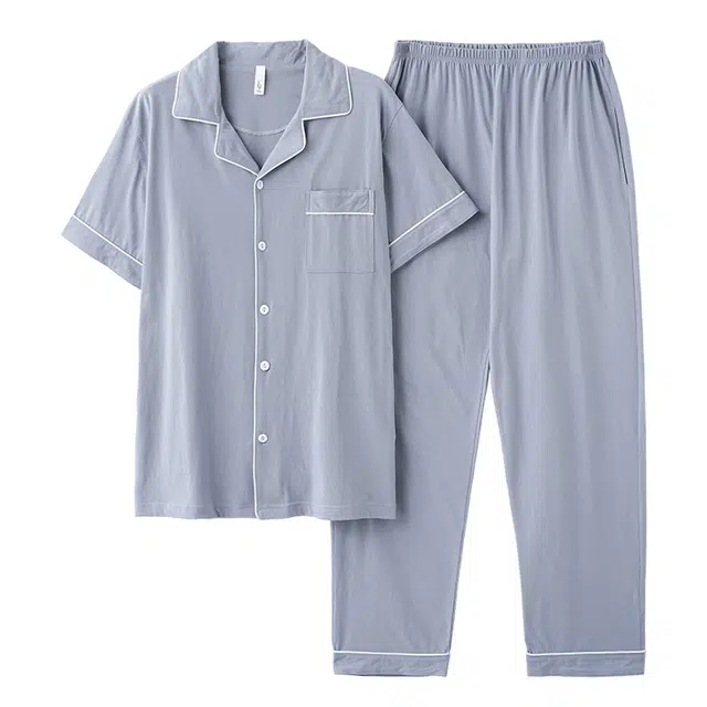 顶瓜瓜 纯棉翻领短袖长裤纯色休闲开衫两件套家居服睡衣套装 男款 图片色