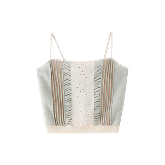 花栗鼠小姐 肌理牛仔套装 法式复古慵懒随性通勤风撞色立体坑条镂空宽松直筒遮肉吊带 女款 绿米杏