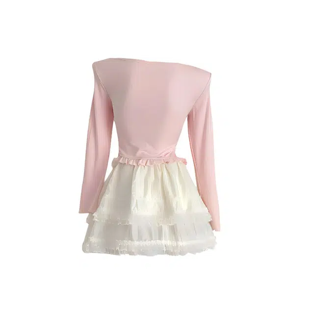 敲模女孩 法式甜美风蕾丝吊带立体花朵收腰假两件修身长袖开衫高腰蓬蓬短裙裙装套装 女款