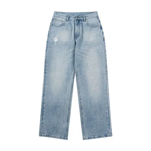 宝米卡 美式复古水洗破洞休闲百搭微锥牛仔裤 男女同款 冰蓝色