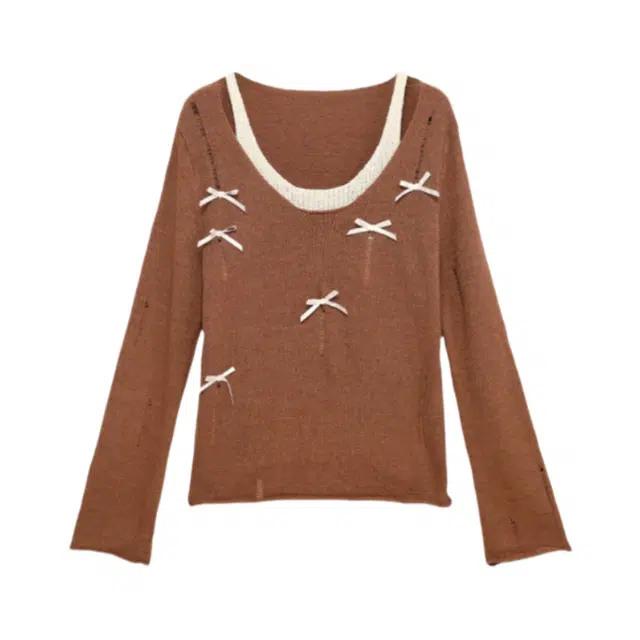 柏黛妃 蝴蝶结假两件设计感针织衫 女款 咖色