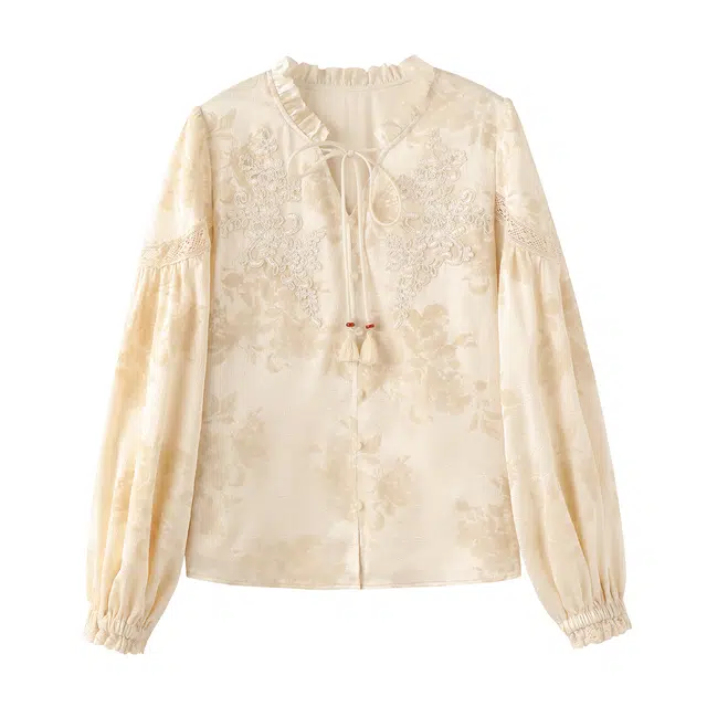 花栗鼠小姐 玉檀秋 新中式清国风日常通勤百搭小衫长袖衬衫 女款 绒花米