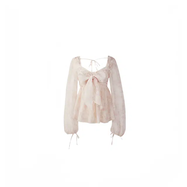 木清清 多巴胺防晒泡泡袖碎花长袖雪纺衫 女款 粉色