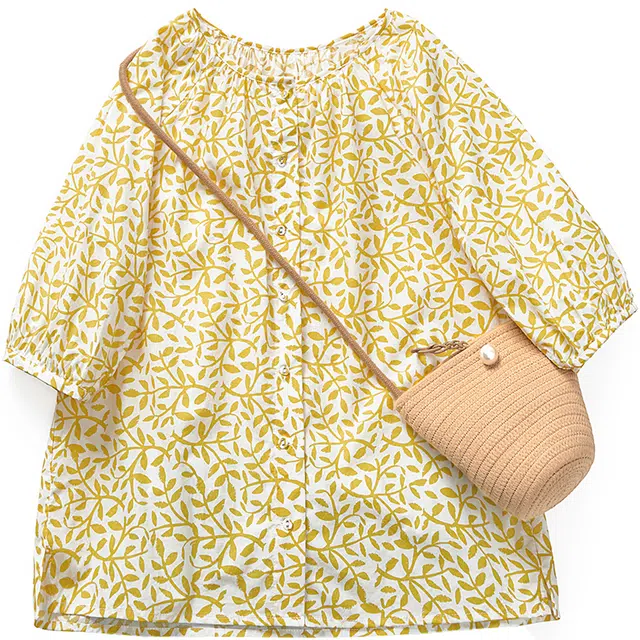 她池 田园风宽松遮肉休闲圆领上衣印花衬衫 女款