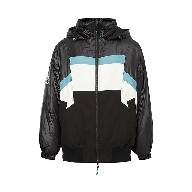 美特斯邦威 连帽外套保暖拼色中长款羽绒服 女款 黑色组