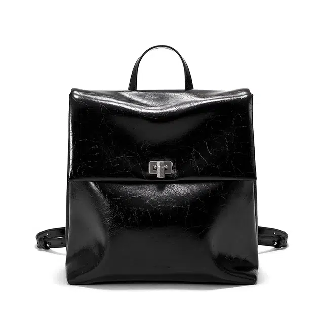 西木汀 游牧 大容量电脑背包大学生书包通勤上班简约百搭 牛皮 双肩包 中号 女款 深邃黑/米白色