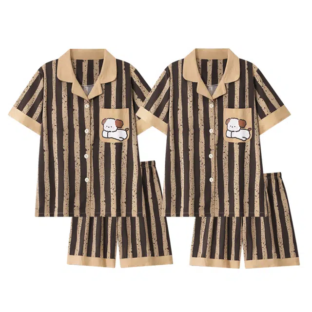 俏韵 翻领条纹卡通短袖家居服可外穿夏季睡衣套装 男女同款 图片色