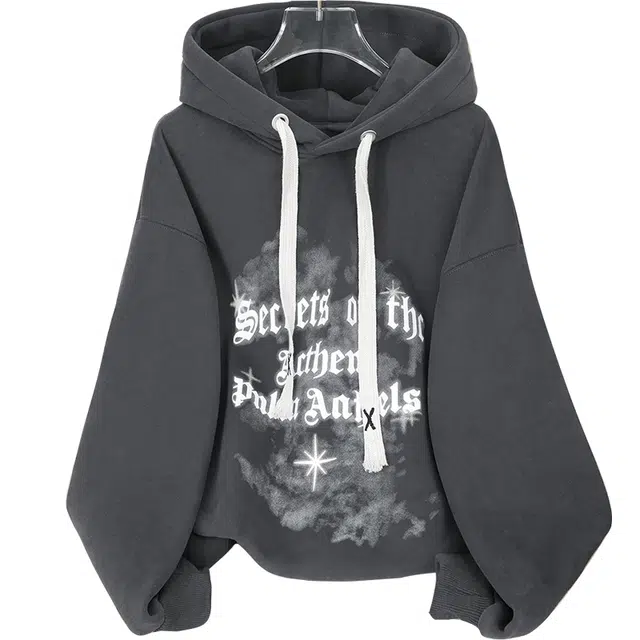 她池 休闲宽松字母印花抽绳连帽减龄上衣加绒卫衣 女款