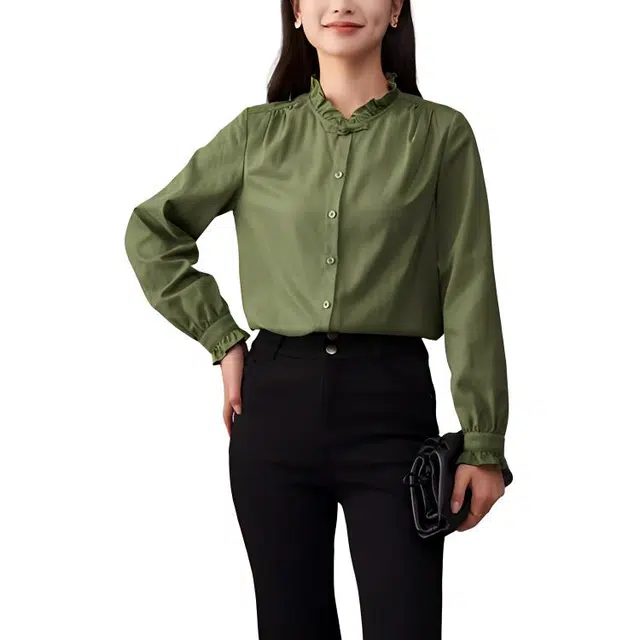 娅丽达 荷叶领纯色百搭长袖衬衫 女款
