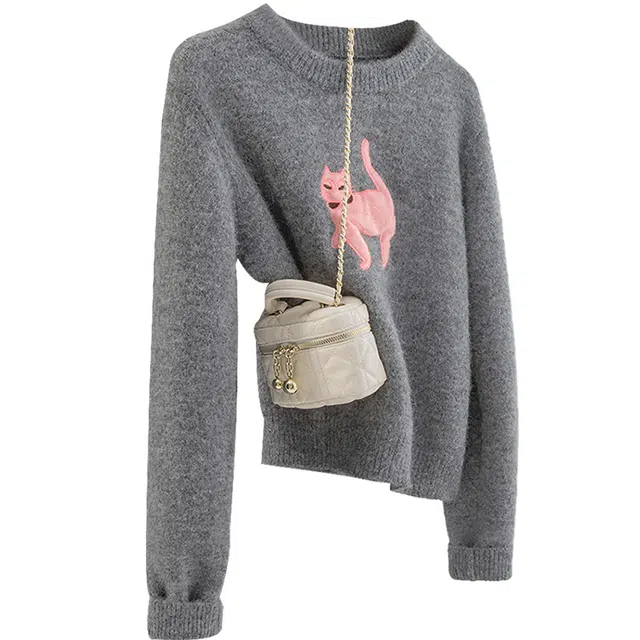 丝柏舍 短款圆领撞色卡通猫咪图案宽松休闲套头长袖针织衫 女款 深灰色