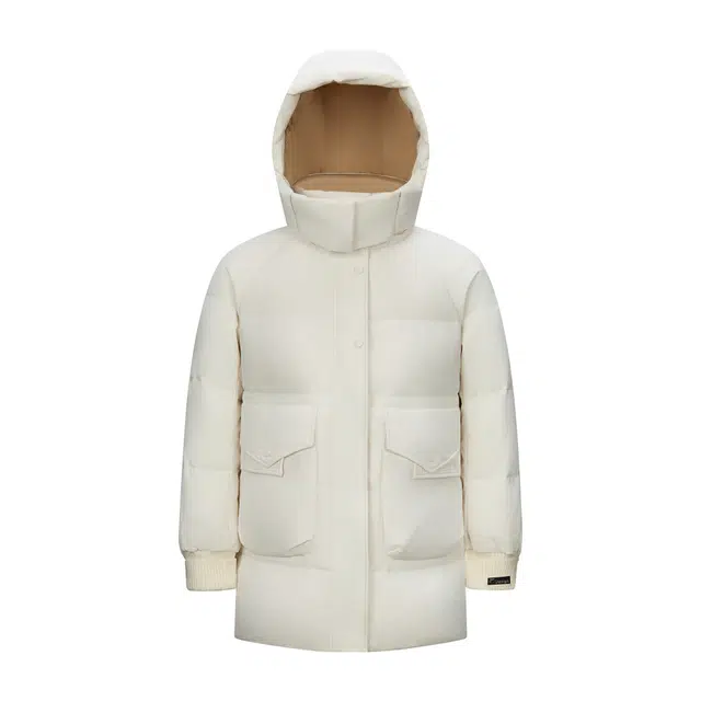 鸭鸭 纯色连帽保暖加厚中长款休闲羽绒服 女款