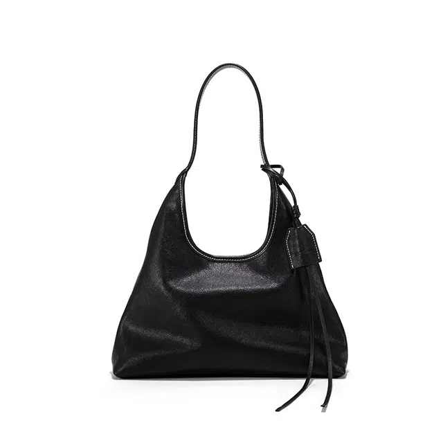 西木汀 流浪 高级感通包百搭 头层植鞣牛皮 托特包单肩包 中号 女款 深邃黑/咖啡棕