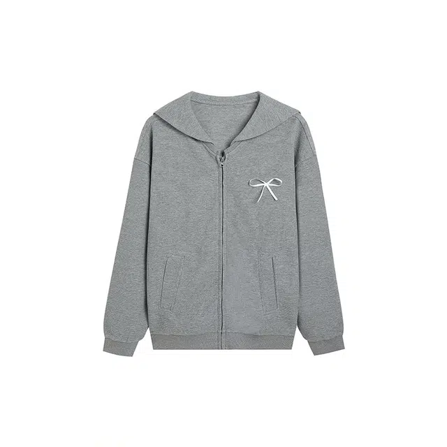 冰淇淋与鲸 休闲宽松拉链海军领卫衣 女款 灰色
