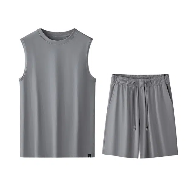 对你的私语 舒适透气无袖上衣家居服纯色五分裤睡衣套装 男款