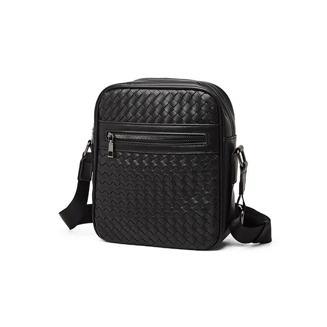 老人头 经典时尚简约编织 合成革 单肩斜挎包 男款 黑色