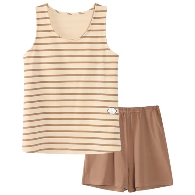 顶瓜瓜 带胸垫条纹无袖上衣休闲家居服三分裤睡衣套装 女款 图片色