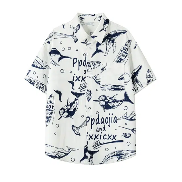 加荣 夏威夷沙滩薄青少年帅气潮流翻领宽松鲸鱼设计小众短袖衬衫 男女同款
