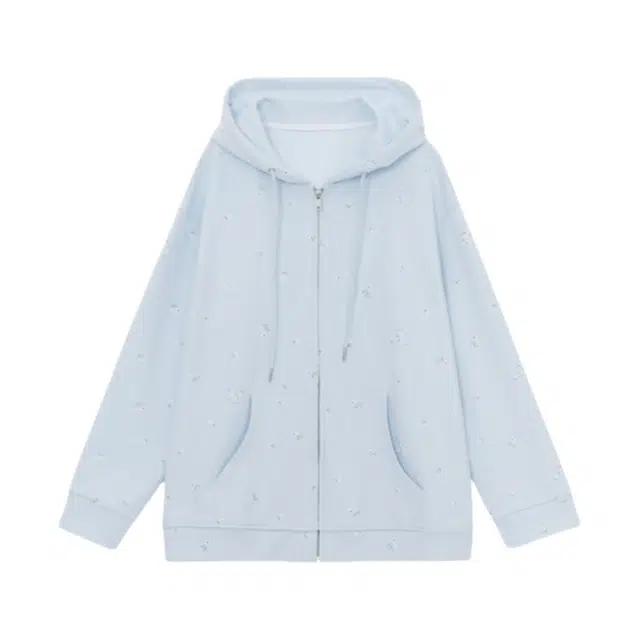 柏黛妃 碎花连帽慵懒风拉链卫衣 女款 蓝色