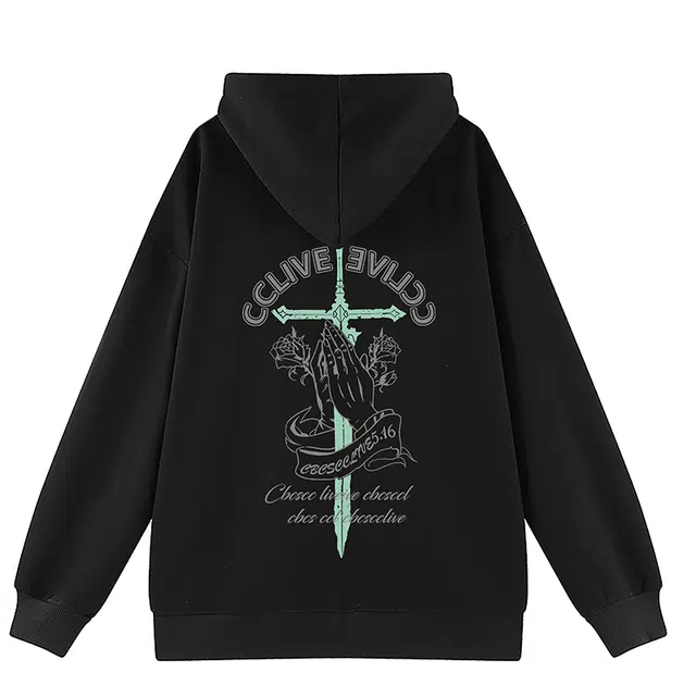 草本初色 无性别主义字母印花拉链开衫落肩通勤简约舒适连帽卫衣 男女同款