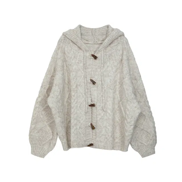 怪力萝莉 牛角扣连帽韩系慵懒风软糯宽松针织衫 女款