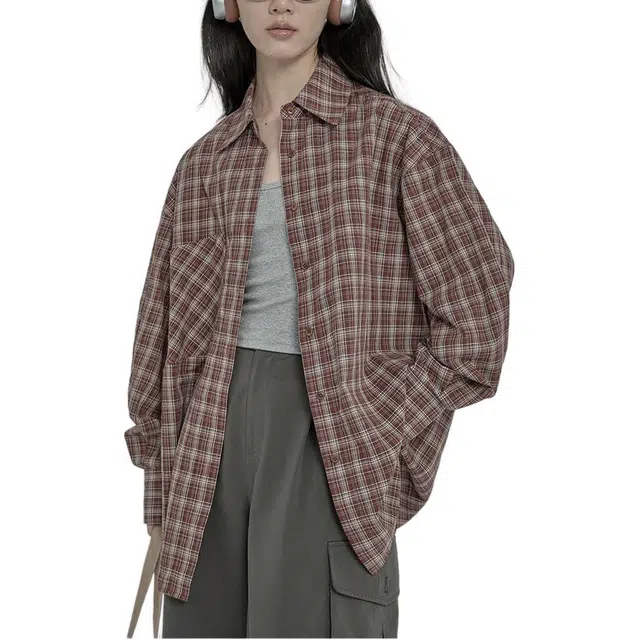 玉儿恋 韩系复古休闲格子印花宽松翻领单排扣衬衫 女款 红棕格纹