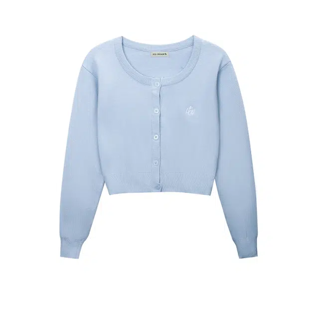 冰淇淋与鲸 学院风纯色单排扣圆领短款宽松圆领刺绣开衫针织衫 女款