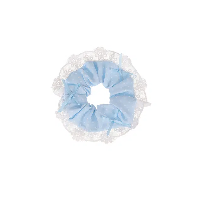 水中玉 韩系奶油波点大肠发圈蕾丝飘带蝴蝶结花边发绳扎头发饰 皮筋 头绳 女款