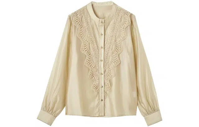 【dme】 纯色立领休闲蕾丝花边长袖衬衫 女款 卡其