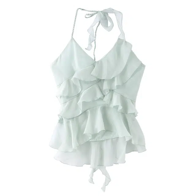 花栗鼠小姐 纯欲甜美风挂脖系带不规则荷叶边修身露背网纱小清新无袖吊带 女款 薄荷蓝