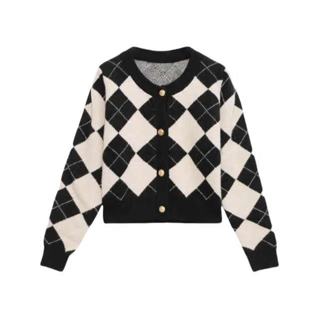 柏黛妃 开衫设计感小众小个子圆领菱格针织衫 女款 黑色
