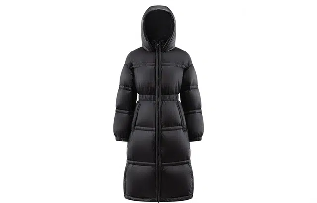 艾莱依 纯色过膝长款收腰加厚保暖连帽羽绒服 女款 炭黑