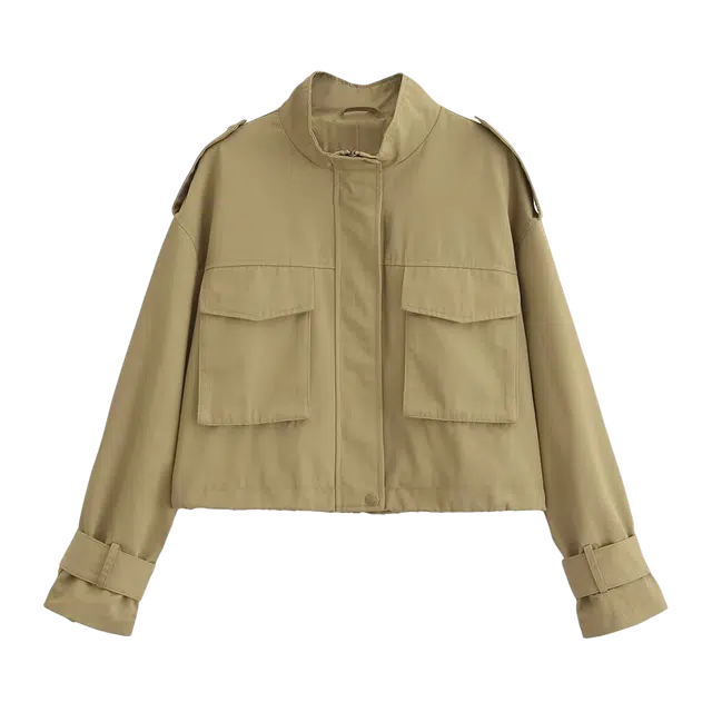 北极绒 纯色立领街头时尚大口袋装饰夹克外套 女款 卡其色