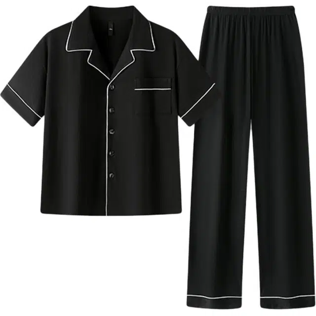 潞优野 凉感休闲短袖长裤家居服开衫睡衣套装 男款 黑色
