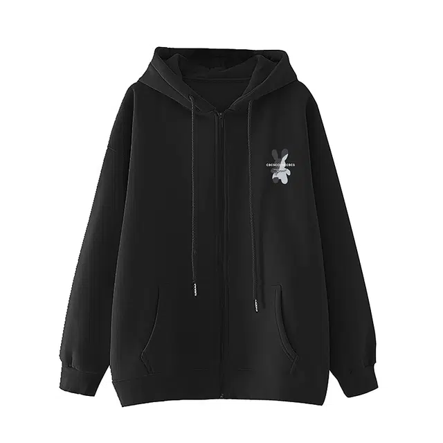 草本初色 连帽休闲兔子印花拉链开衫落肩时尚通勤简约舒适长袖卫衣 男女同款