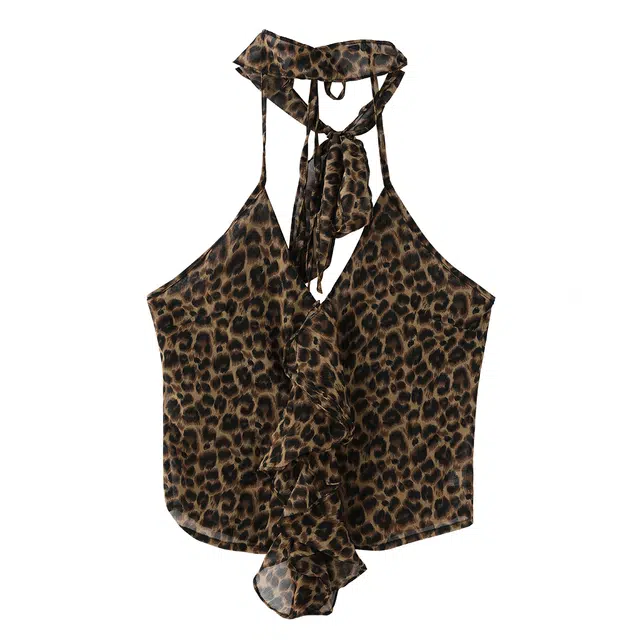 花栗鼠小姐 美式性感辣妹风挂脖系带小众设计感豹纹露背不规则荷叶边修身吊带 女款