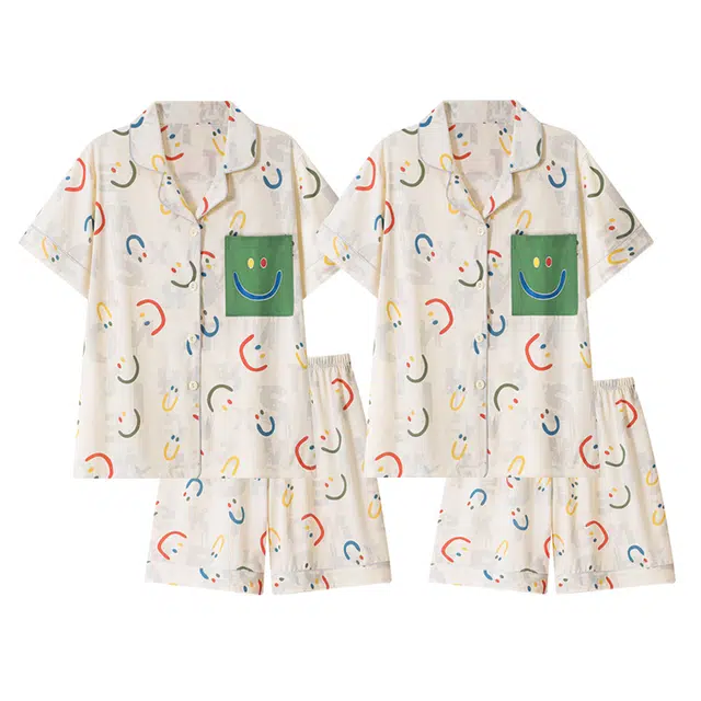 俏韵 翻领卡通笑脸短袖舒适凉爽家居服可外穿夏季睡衣套装 男女同款 图片色