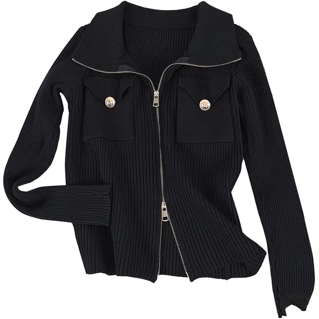 她池 翻领针织衫短款长袖修身双拉链开衫外套 女款 黑色