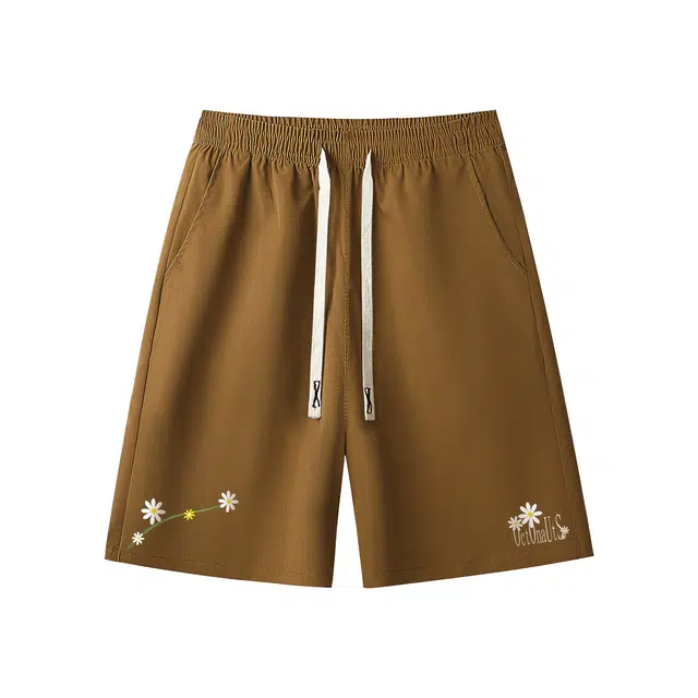 海底小纵队 纯色美式复古手绘花卉字母宽松日常通勤户外中腰舒适透气五分休闲短裤 男女同款