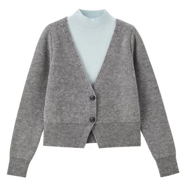 佐丹奴 厚实假两件撞色高领毛织套头针织衫 女款 灰拼蓝