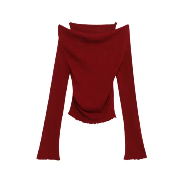 柏黛妃 假两件露肩短款修身内搭打底纯色长袖针织衫 女款 红色