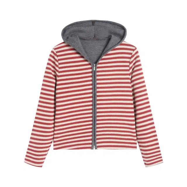 冰淇淋与鲸 学院风慵懒撞色拉链连帽条纹长袖开衫针织衫 女款 红色